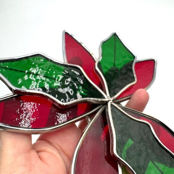 Large Handmade Poinsettia Stained Glass Sun-Catcher Winter Holiday Decor - Picture 6 of 10